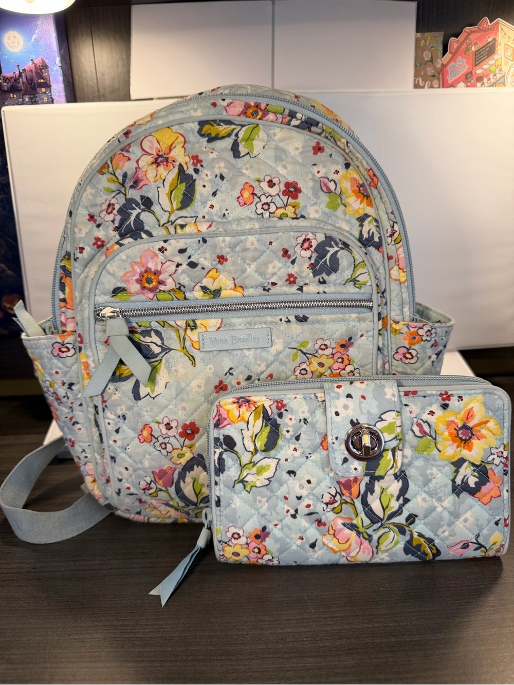 Vera Bradley Light Blue Floral Quilted Backpack with Matching Wallet